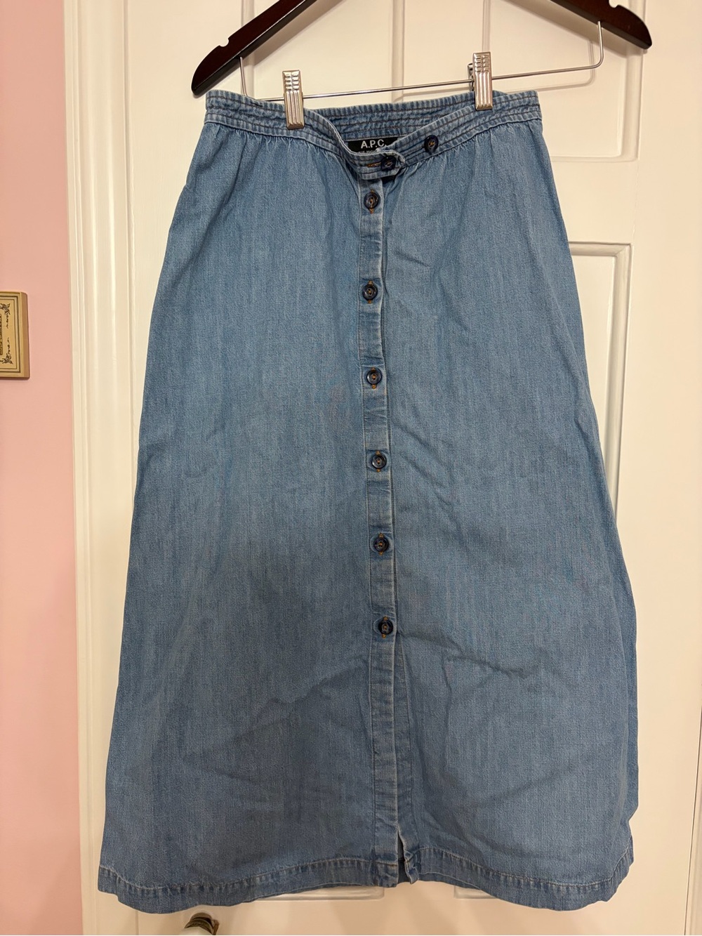 A.P.C. Light Blue Button-Front Denim Midi Skirt